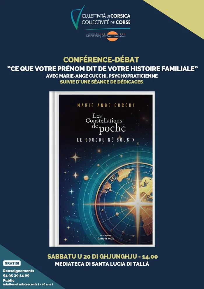 Affiche de la conférence-débat de Marie-Ange Cucchi en médiathèque